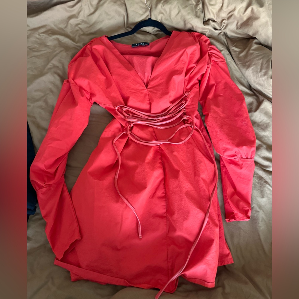 Red mini dress..